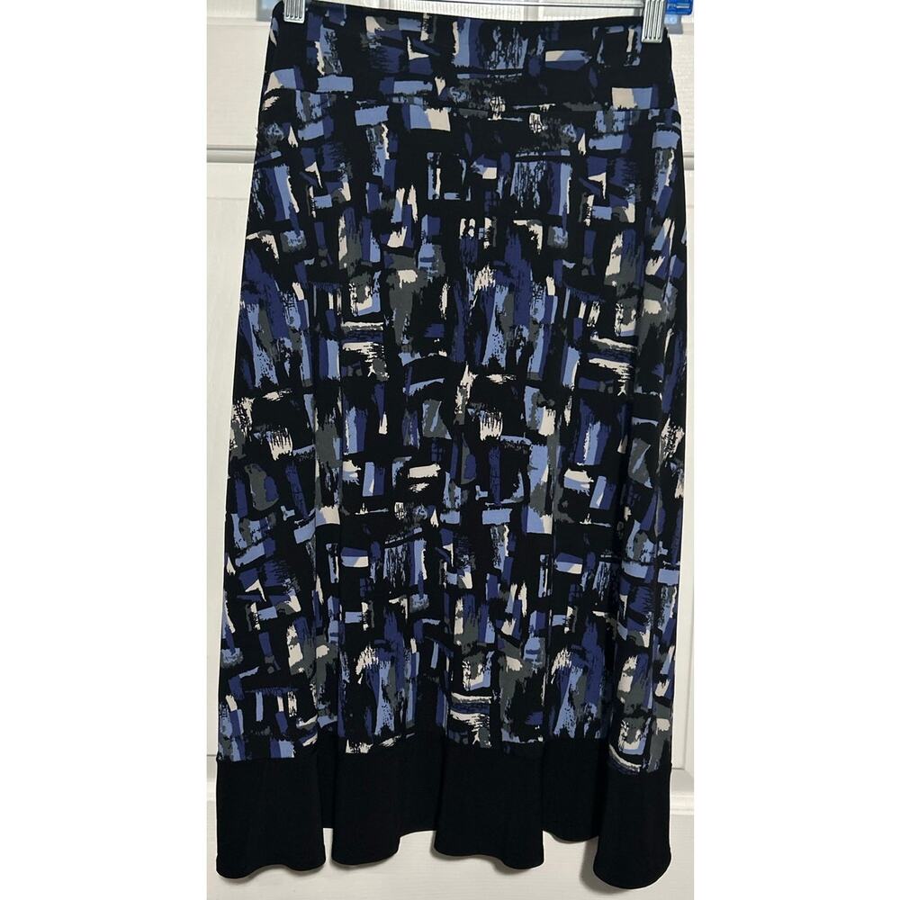 Cato Women's Black Blue Gray White Stretch Midi Pull-On Skirt Size L - Picture 2 of 5